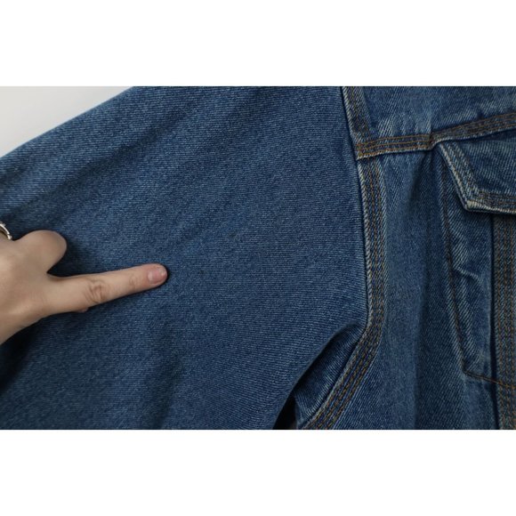 Vtg 90s Streetwear Mens Medium Distressed Leather Collar Denim Trucker Jacket - Picture 9 of 12